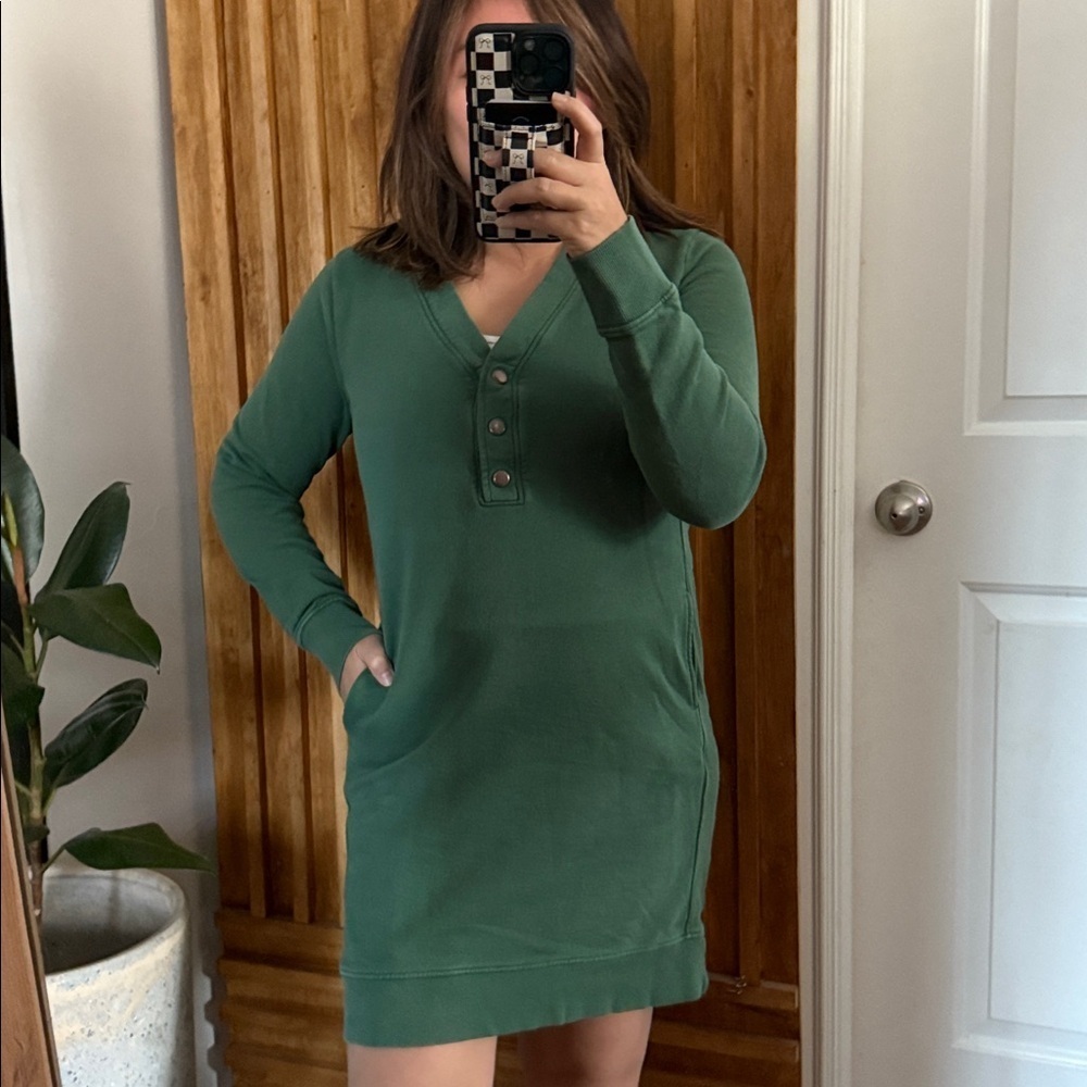 PACT Downtime Henley Green Cotton Sweatshirt Dress. S